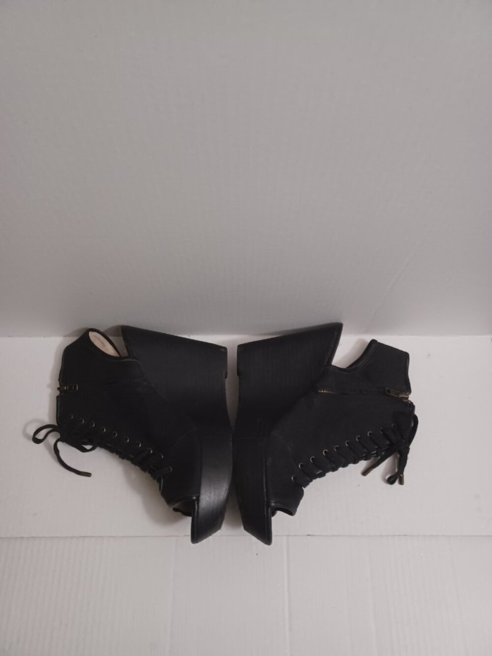 STEVE MADDEN TREPPIDD LACE-UP WEDGE OPEN TO OPEN HEEL BOOTIE SANDALS BLACK 9.5 - Picture 7 of 15